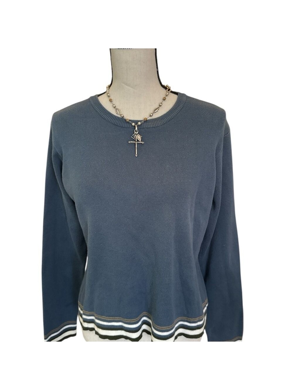 American Eagle Blue Crewneck Sweater Striped Hem Knit Pullover Women’s Large